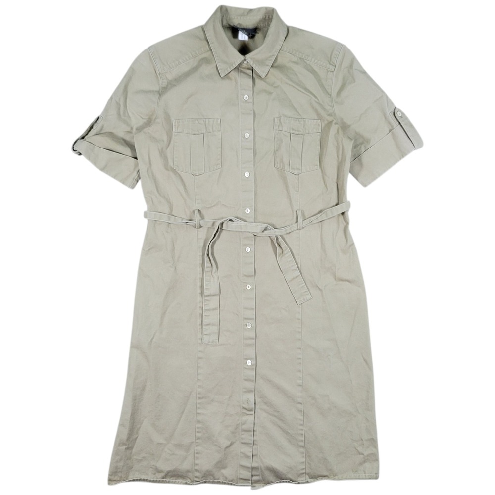 Banana Republic Shirt Dress Womens 10 Khaki Cotton Belted Safari Utility Casual